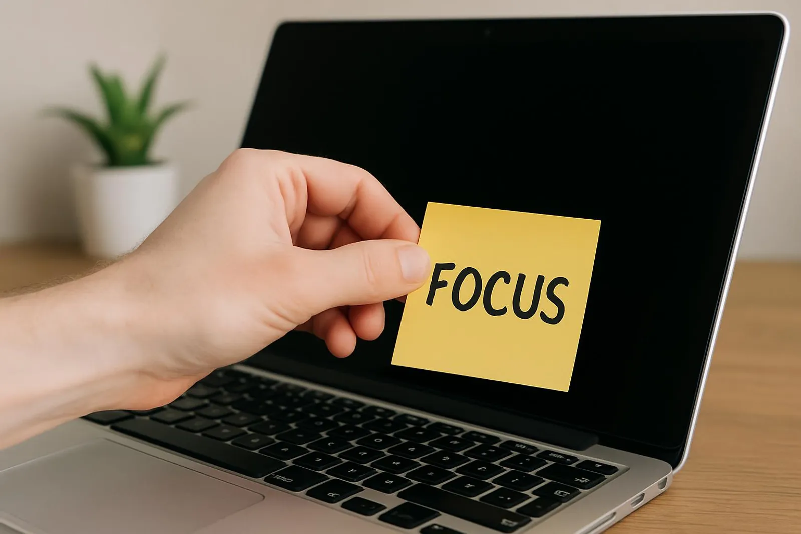A hand placing a sticky note that says Focus on a laptop