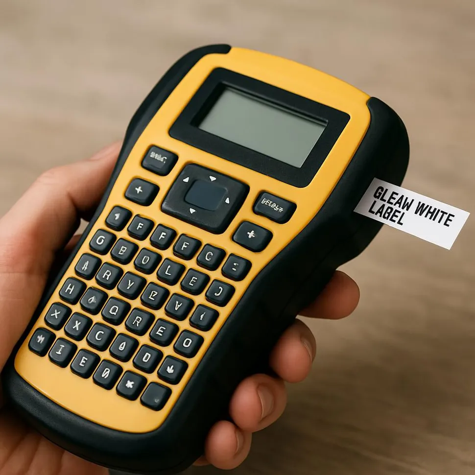 A handheld label maker printing a clean white label.