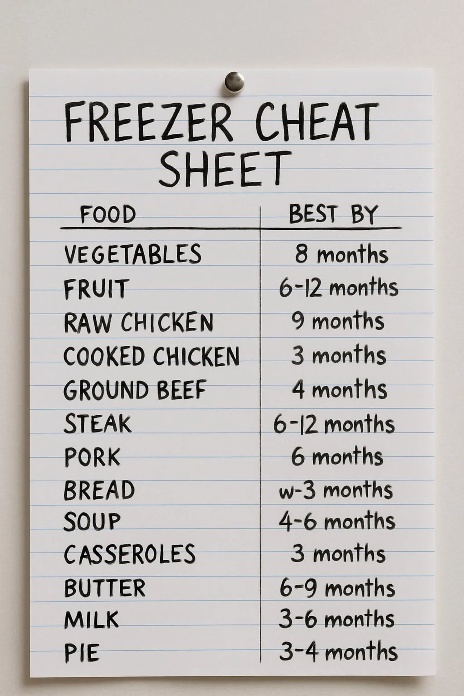 A handwritten freezer cheat sheet with common foods and their best-by dates