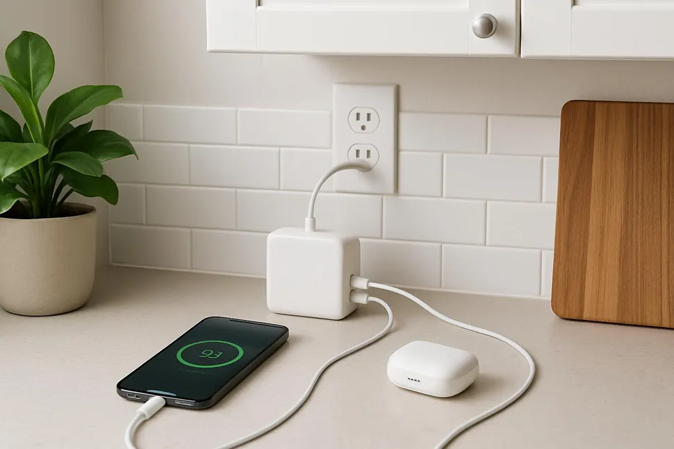 A kitchen counter corner set up as a clean charging hub with minimal cords