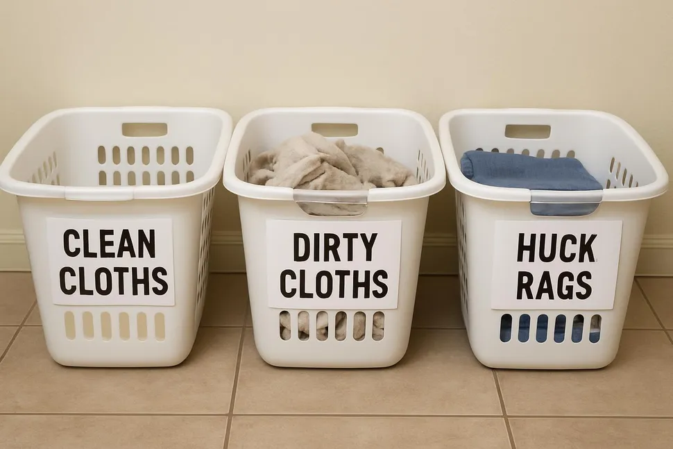 A labeled basket system: Clean Cloths, Dirty Cloths, and Huck Rags