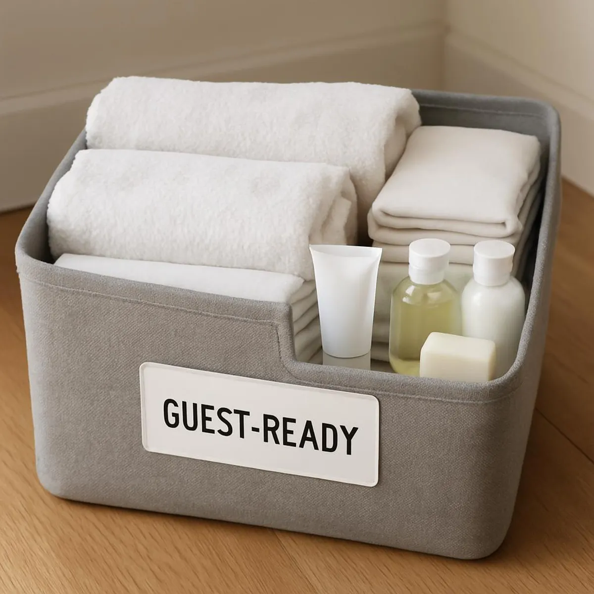 A labeled guest-ready bin containing neatly folded linens and toiletries