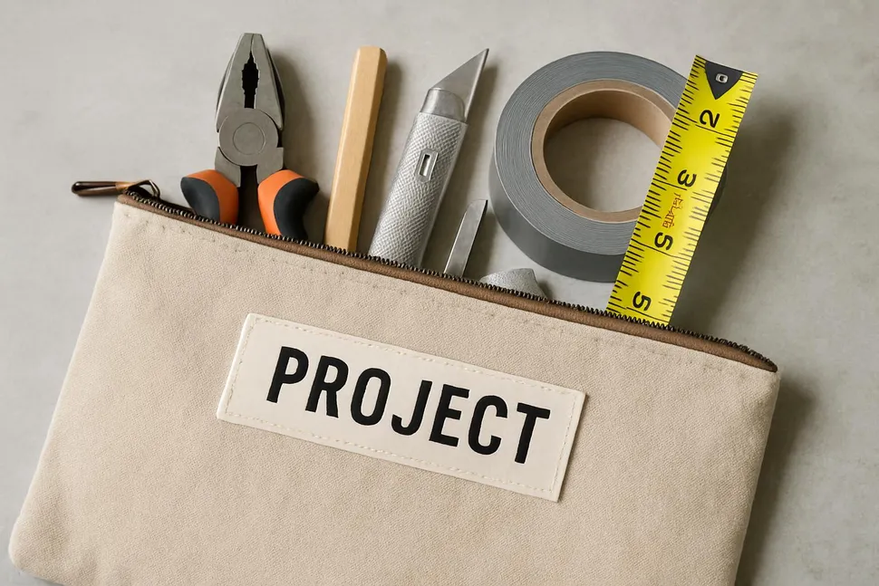 A labeled project pouch with tools and materials inside