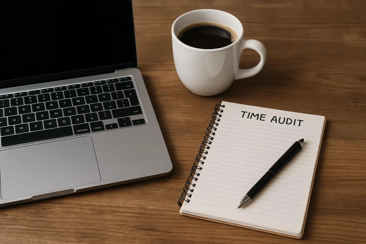 A laptop, coffee, and notepad on a wooden desk—classic time audit setup