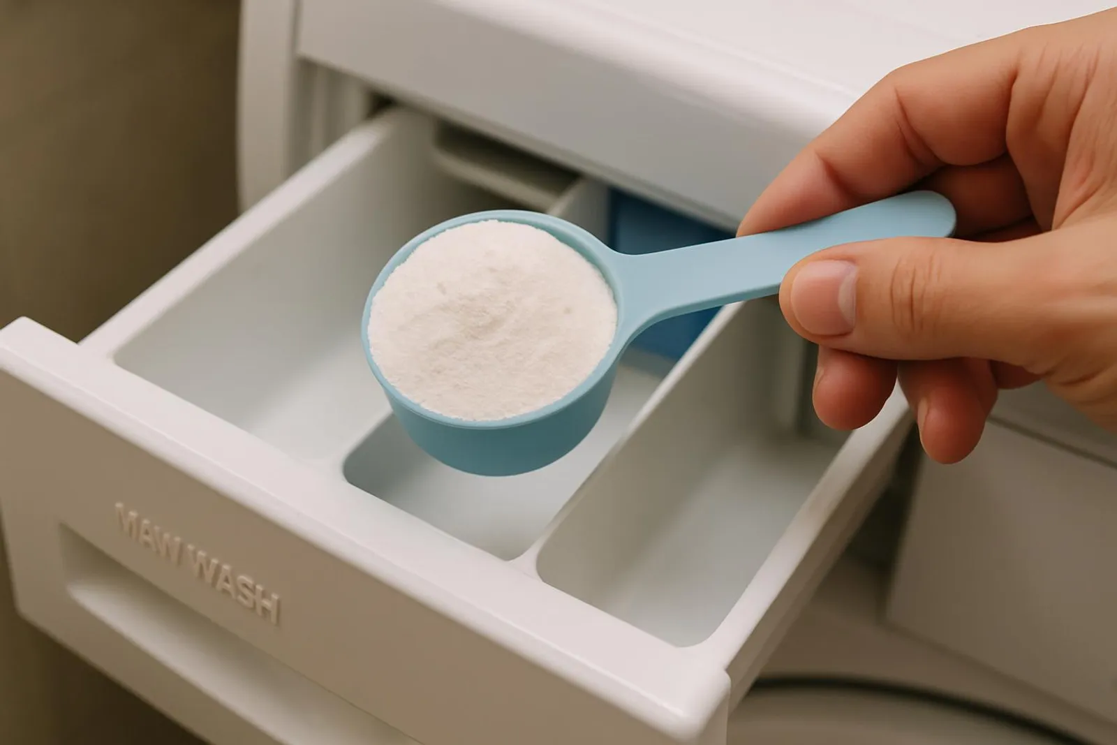 A measuring spoon of washing soda being added to a detergent drawer.