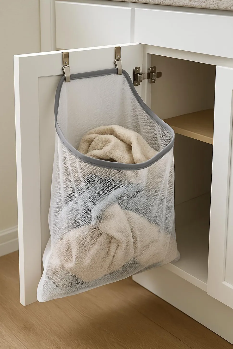 A mesh laundry bag clipped inside a cabinet door for dirty towels