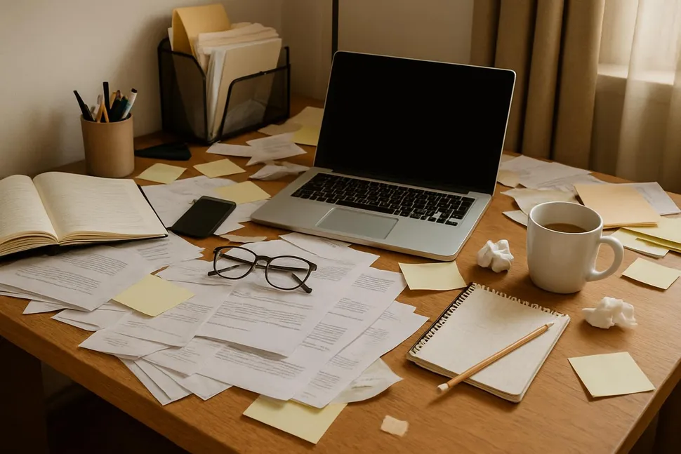 A messy desk before tidying