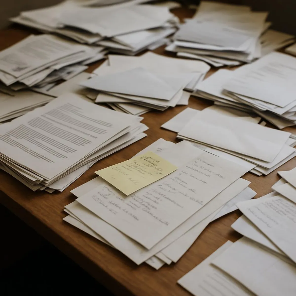 A messy desk piled with paper, envelopes, and notes
