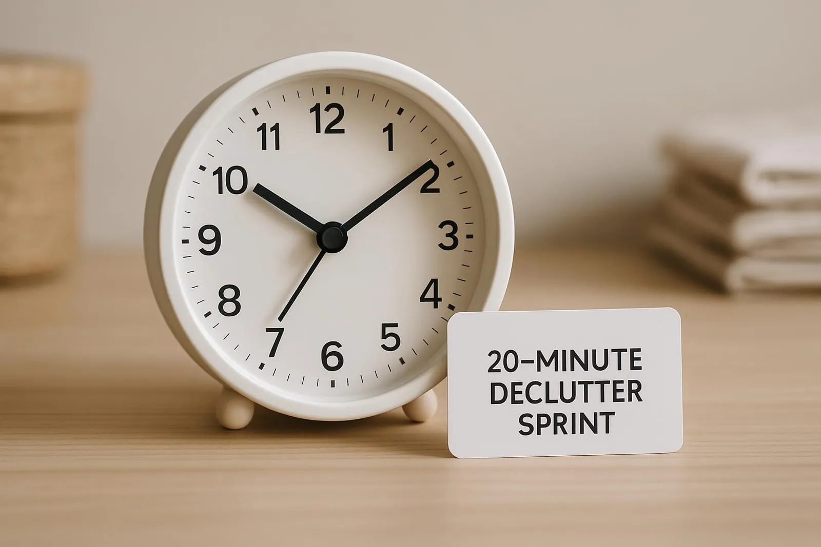 A minimal alarm clock signaling a quick 20-minute declutter sprint.