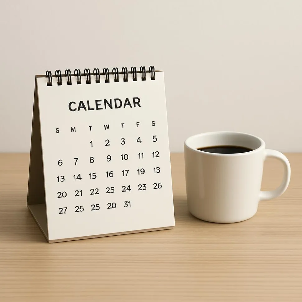 A minimal desk with a calendar and a cup of coffee