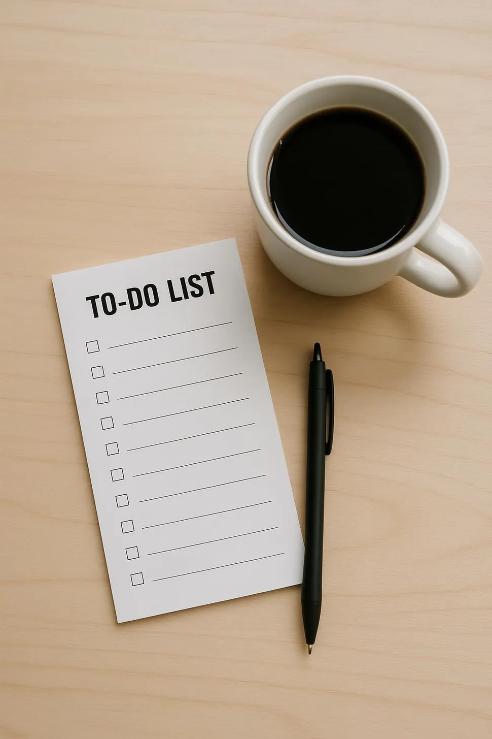 A minimal paper setup with a to-do list and coffee