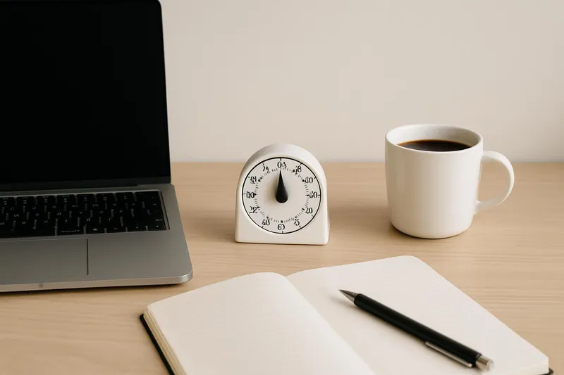 A minimal workspace with a timer and coffee