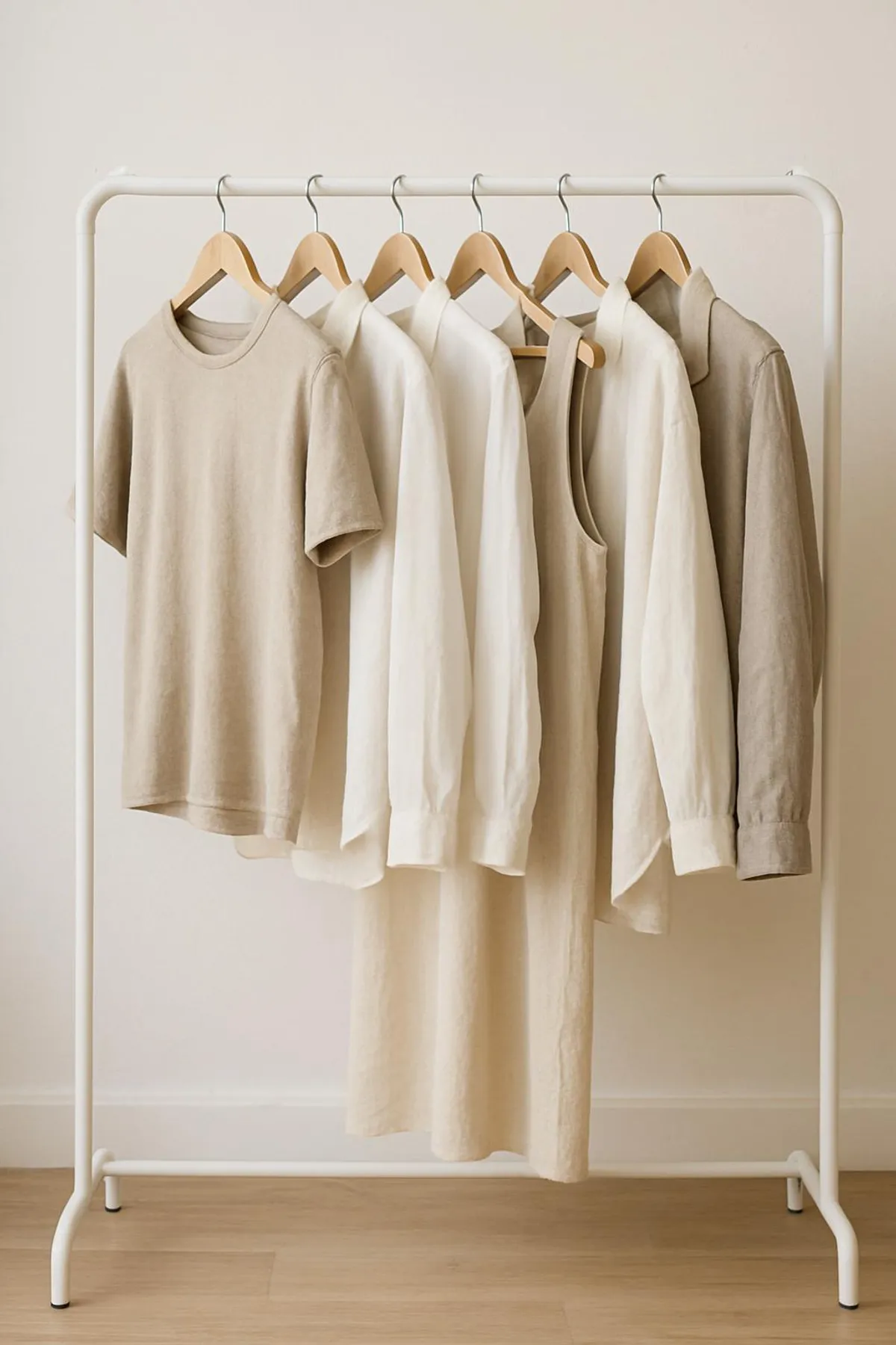 A minimalist, curated rack of clothing in natural fabrics