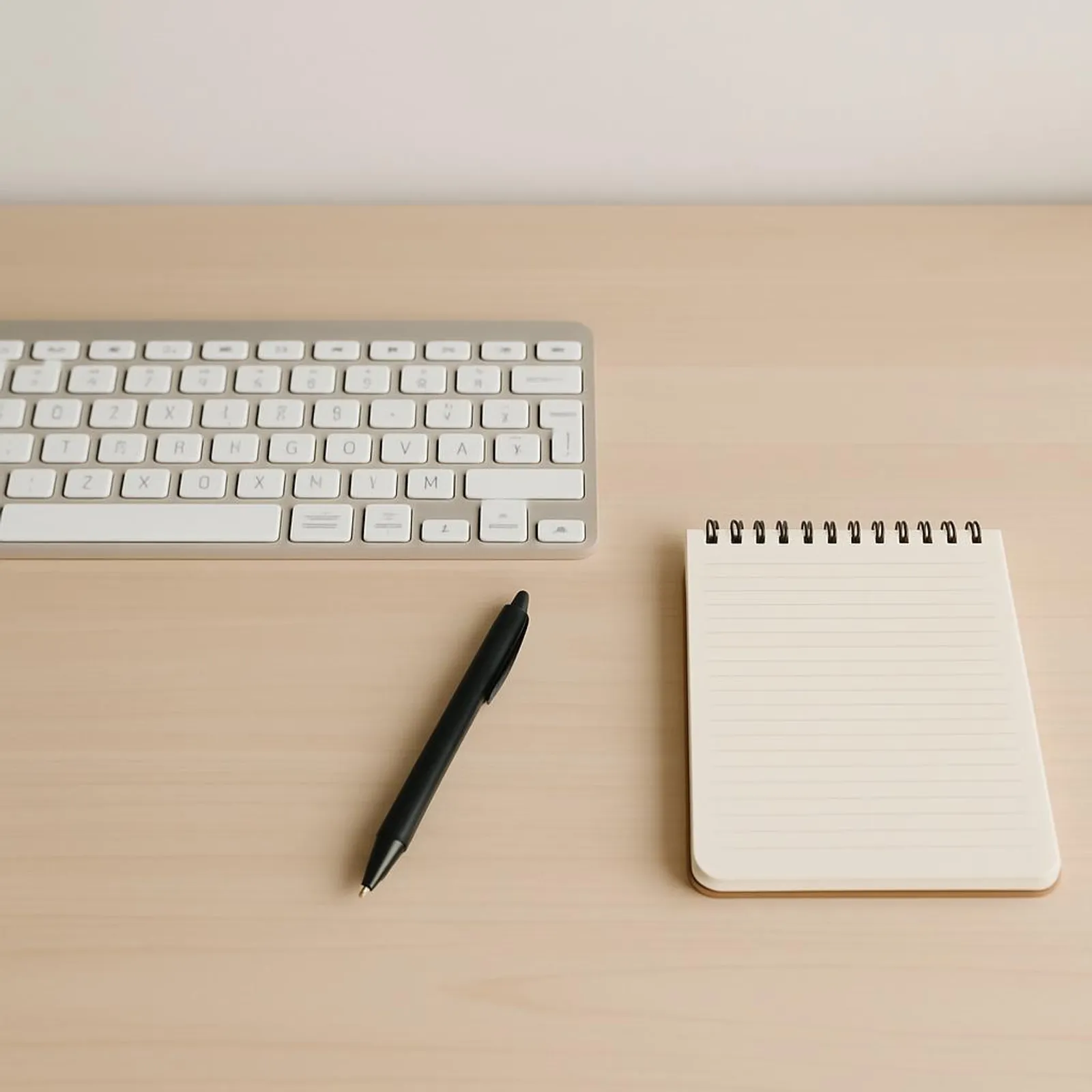 A minimalist desk with a keyboard, notepad, and a clean workflow vibe