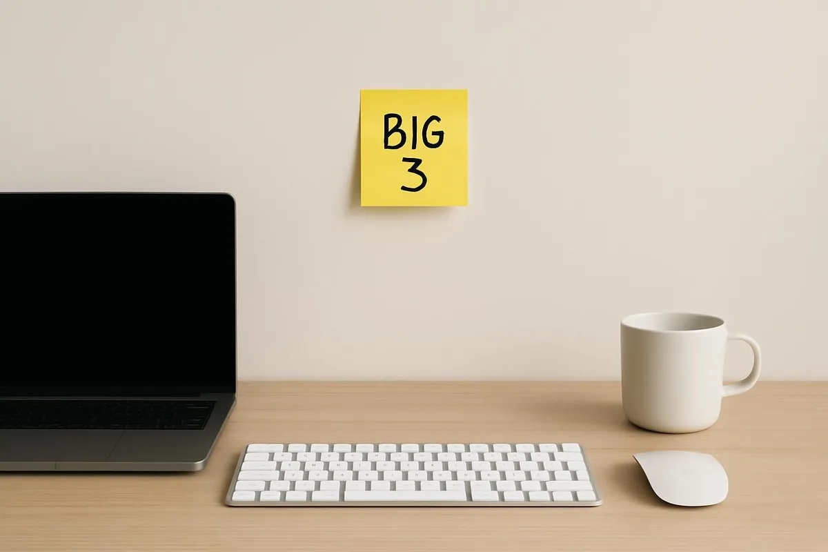 A minimalist desk with a sticky note that reads Big 3