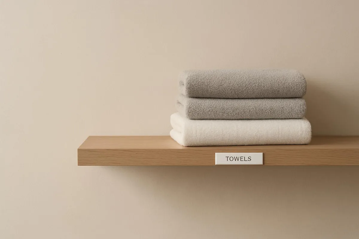 A minimalist shelf with a small label and neatly stacked towels