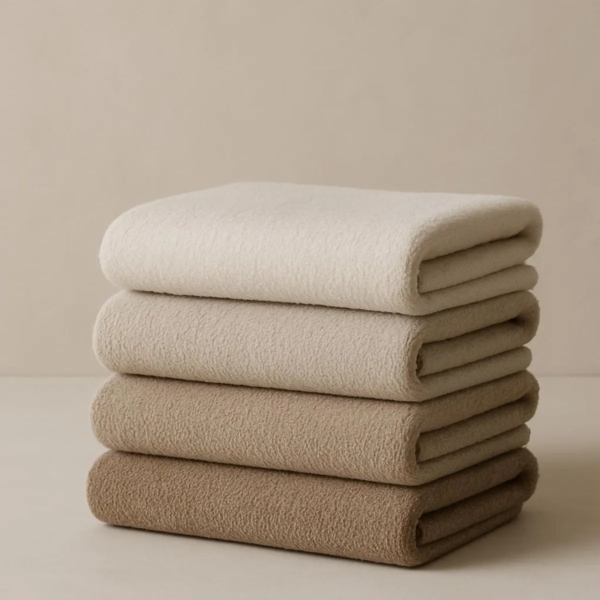 A minimalist stack of folded towels in calming neutral tones