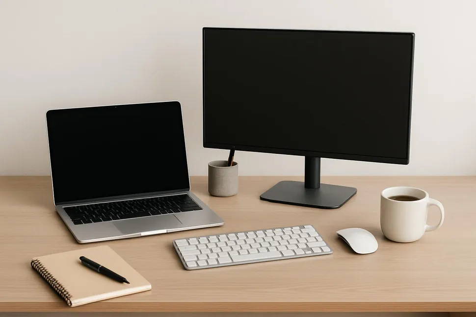 A modern, uncluttered desk with office accessories