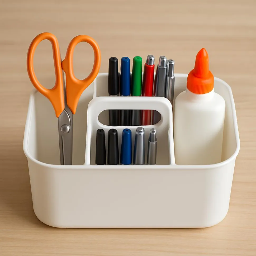 A neat craft caddy with scissors, pens, and glue arranged by zones