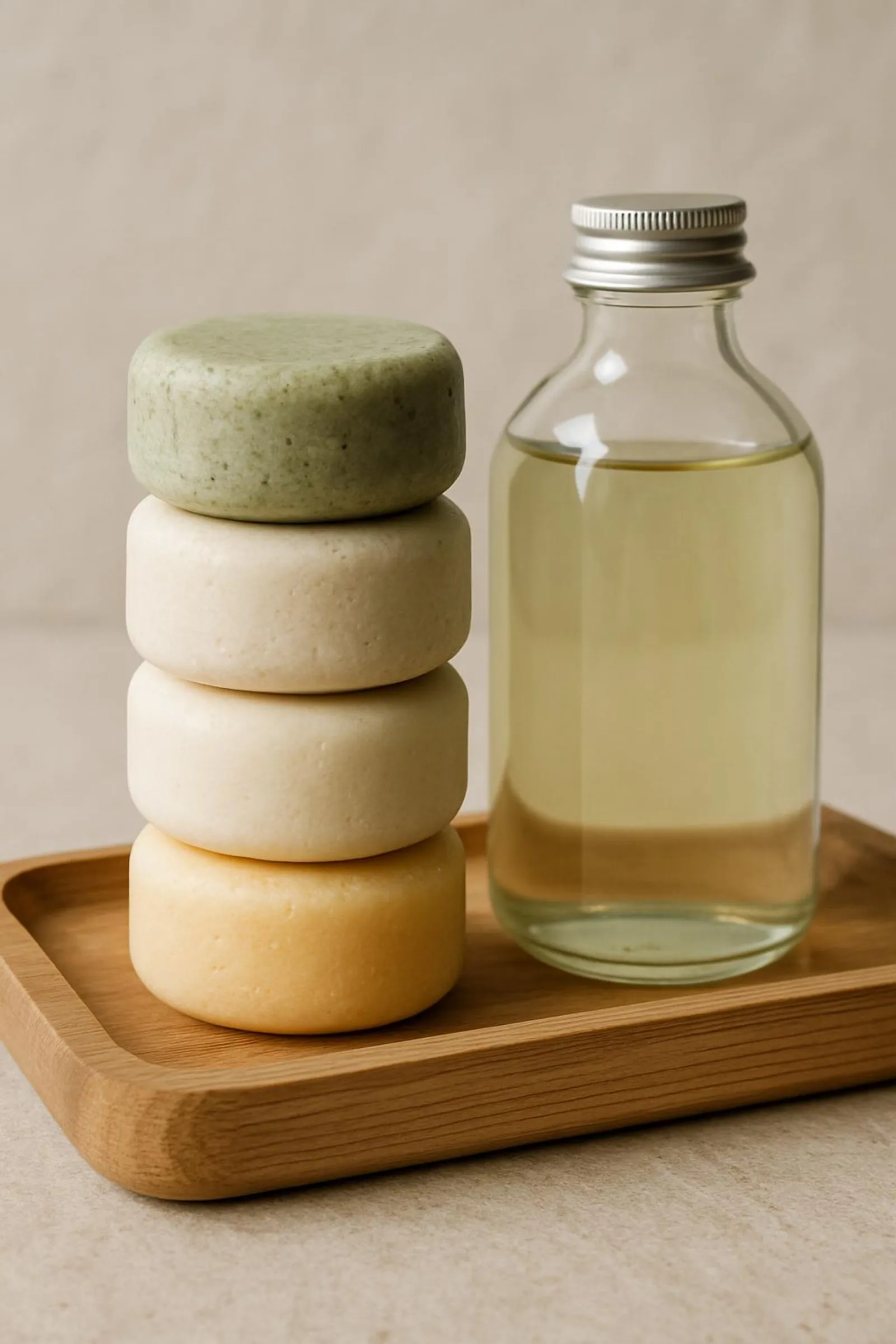 A neat stack of shampoo bars next to a glass bottle on a wooden tray