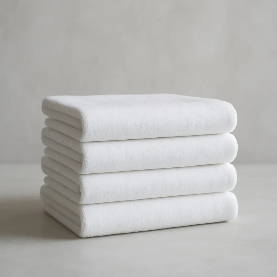 A neat stack of white towels folded uniformly