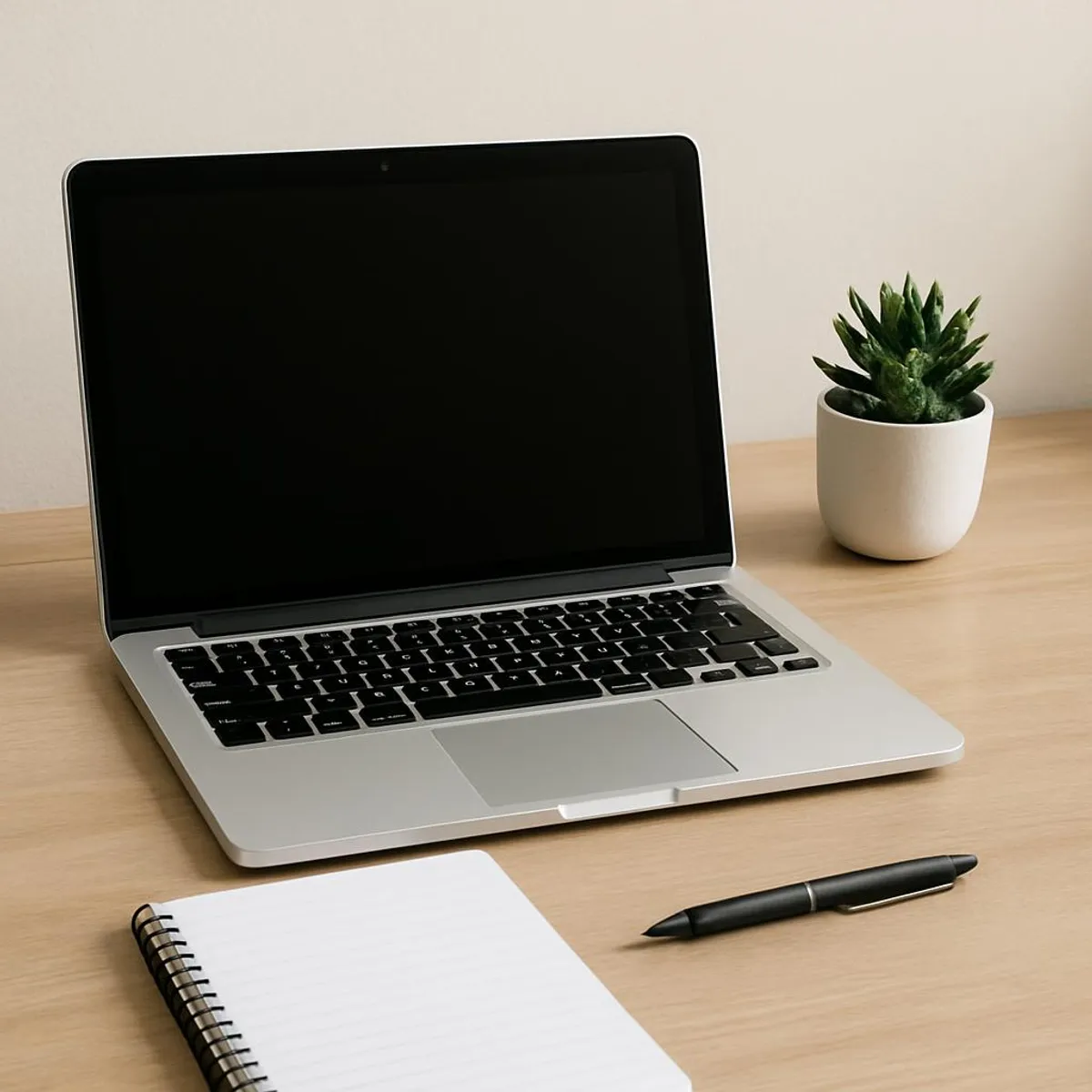 A neatly arranged workspace with a laptop, pen, and a small plant