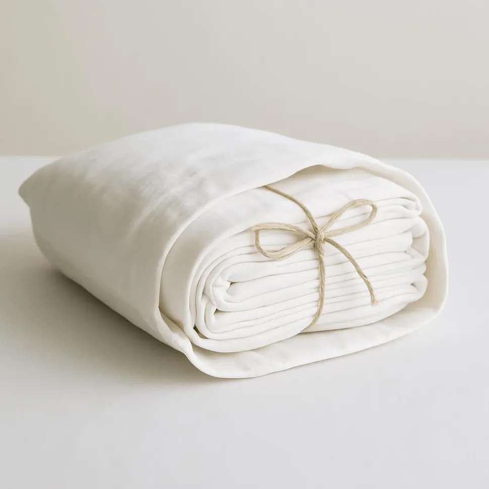 A neatly bundled sheet set inside a pillowcase