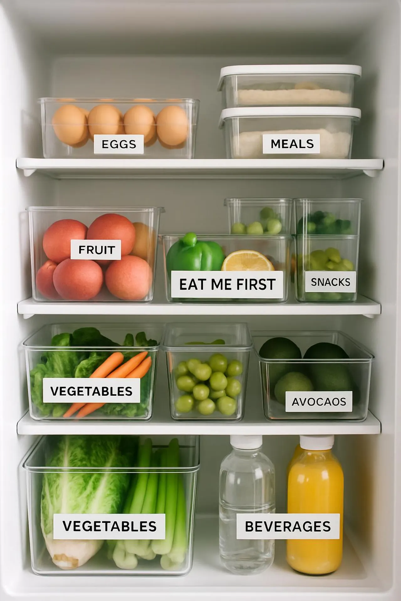 A neatly organized fridge with clear bins, labels, and an 'Eat Me First' zone front and center.