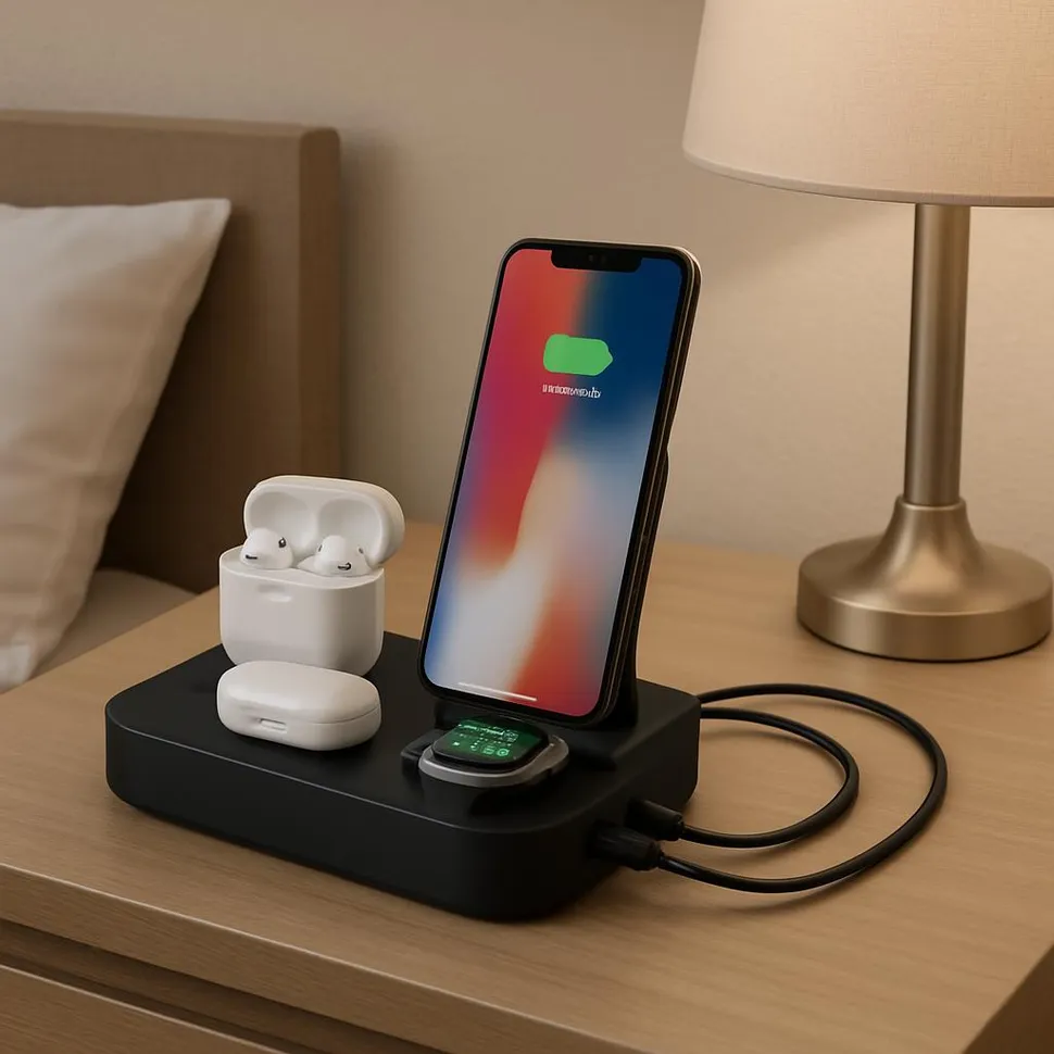 A nightstand charging station with tidy cables and a phone stand