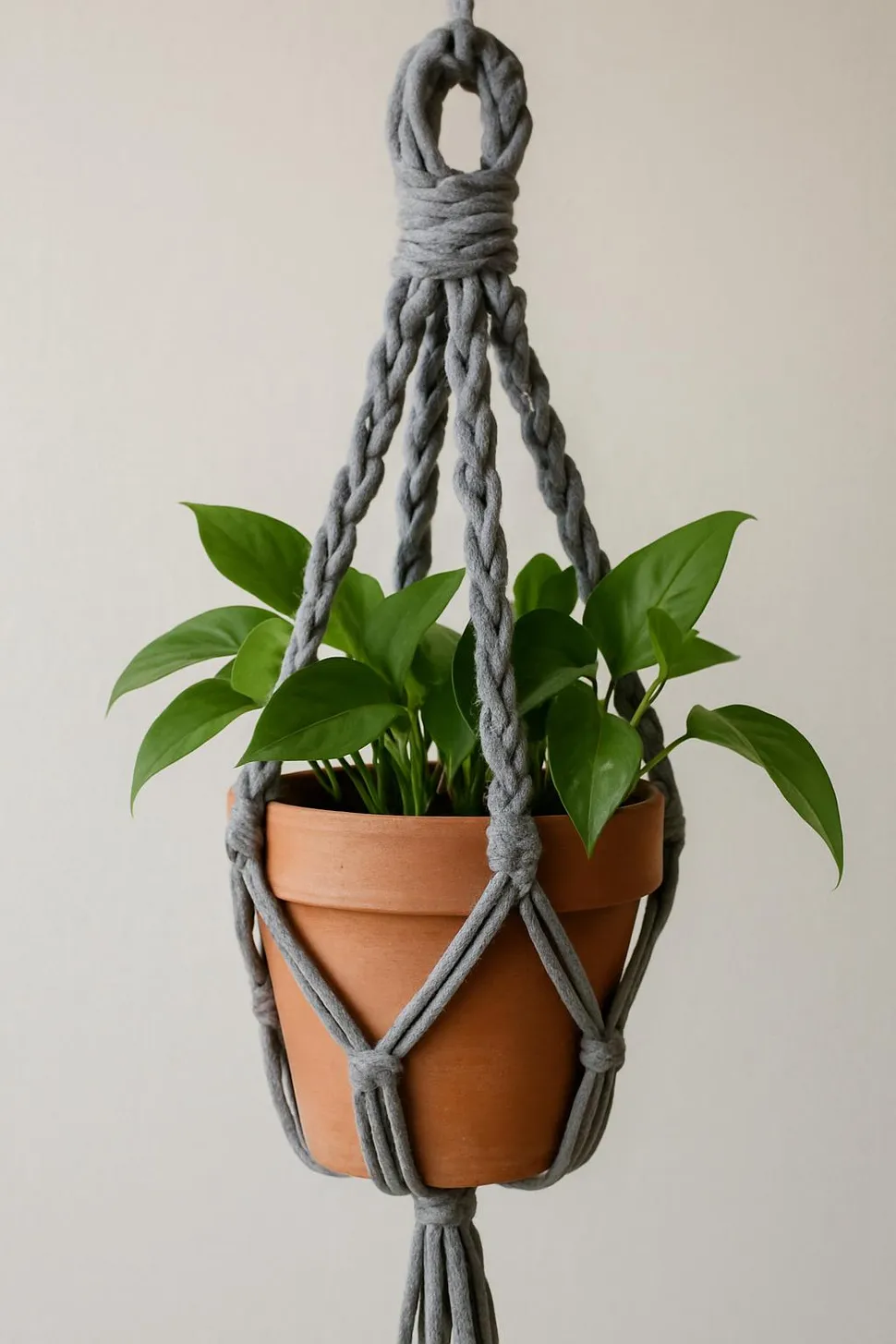 A no-sew macrame plant hanger using old t-shirt material