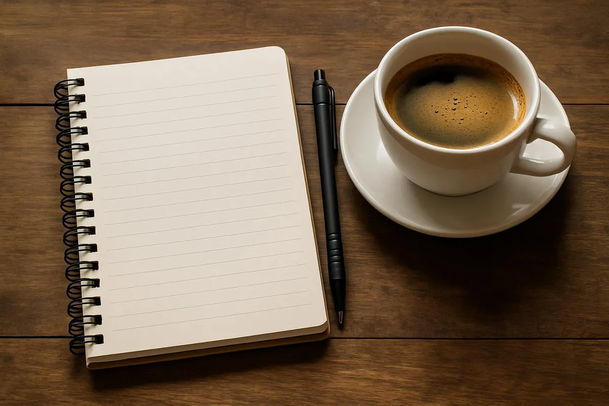 A notebook, pen, and cup of coffee on a wooden table, symbolizing planning with energy