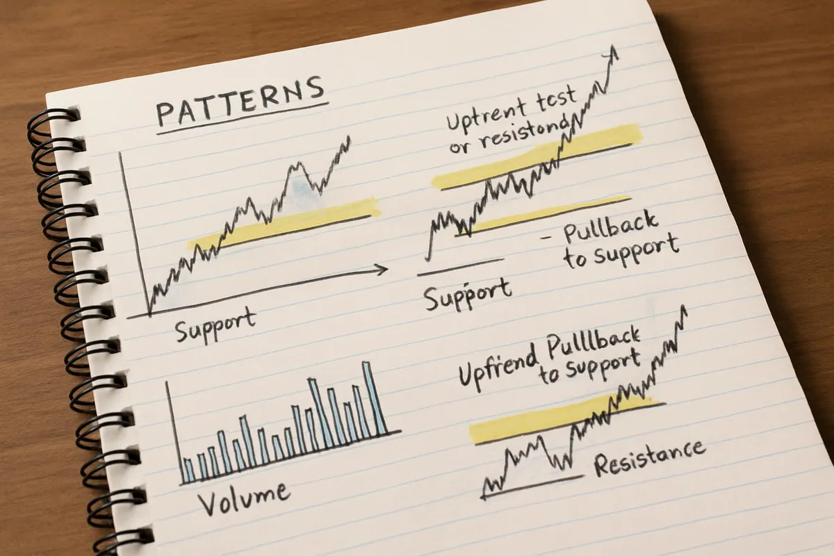 A notebook with charts and highlights showing patterns and notes