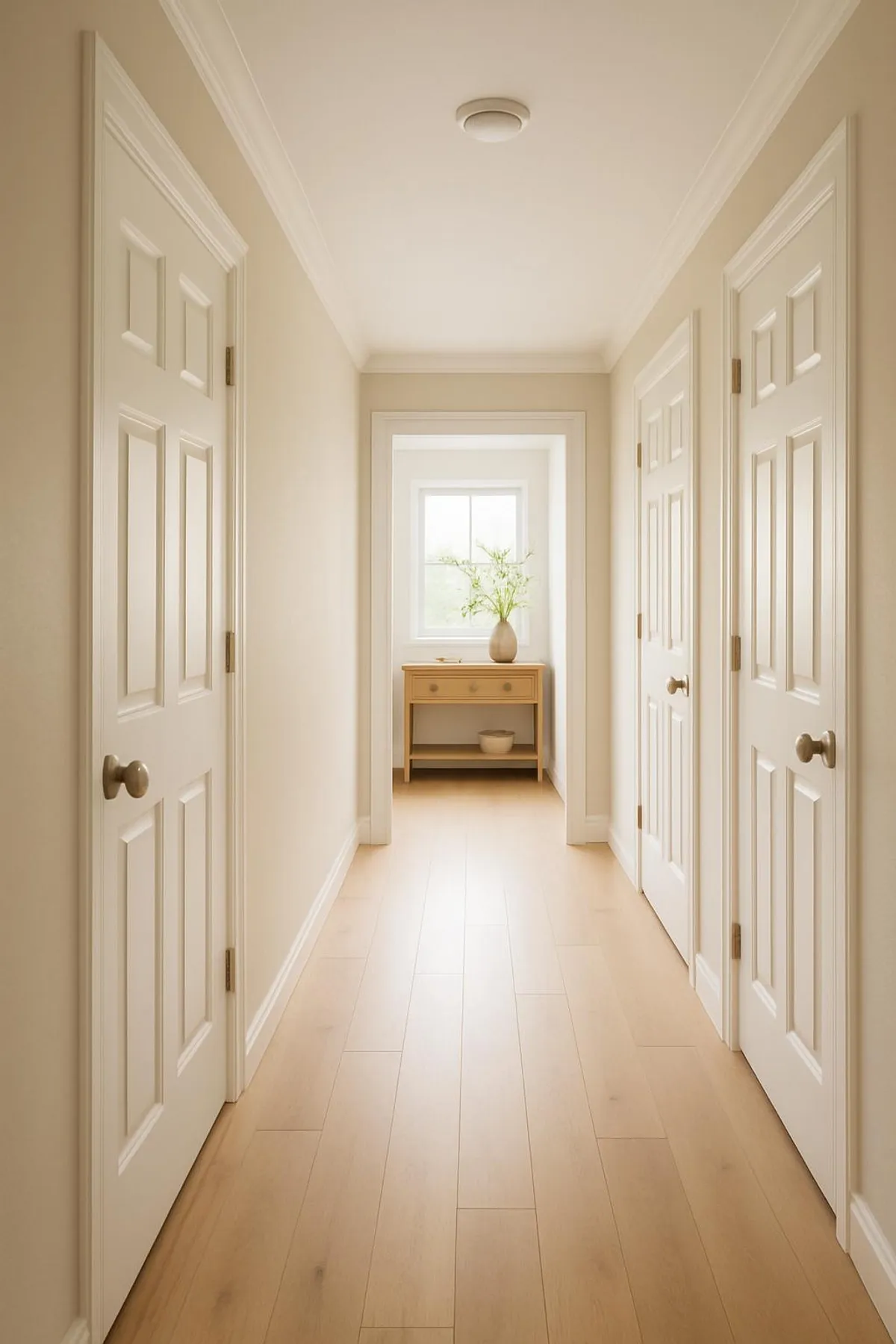 A peaceful hallway leading to a tidy space