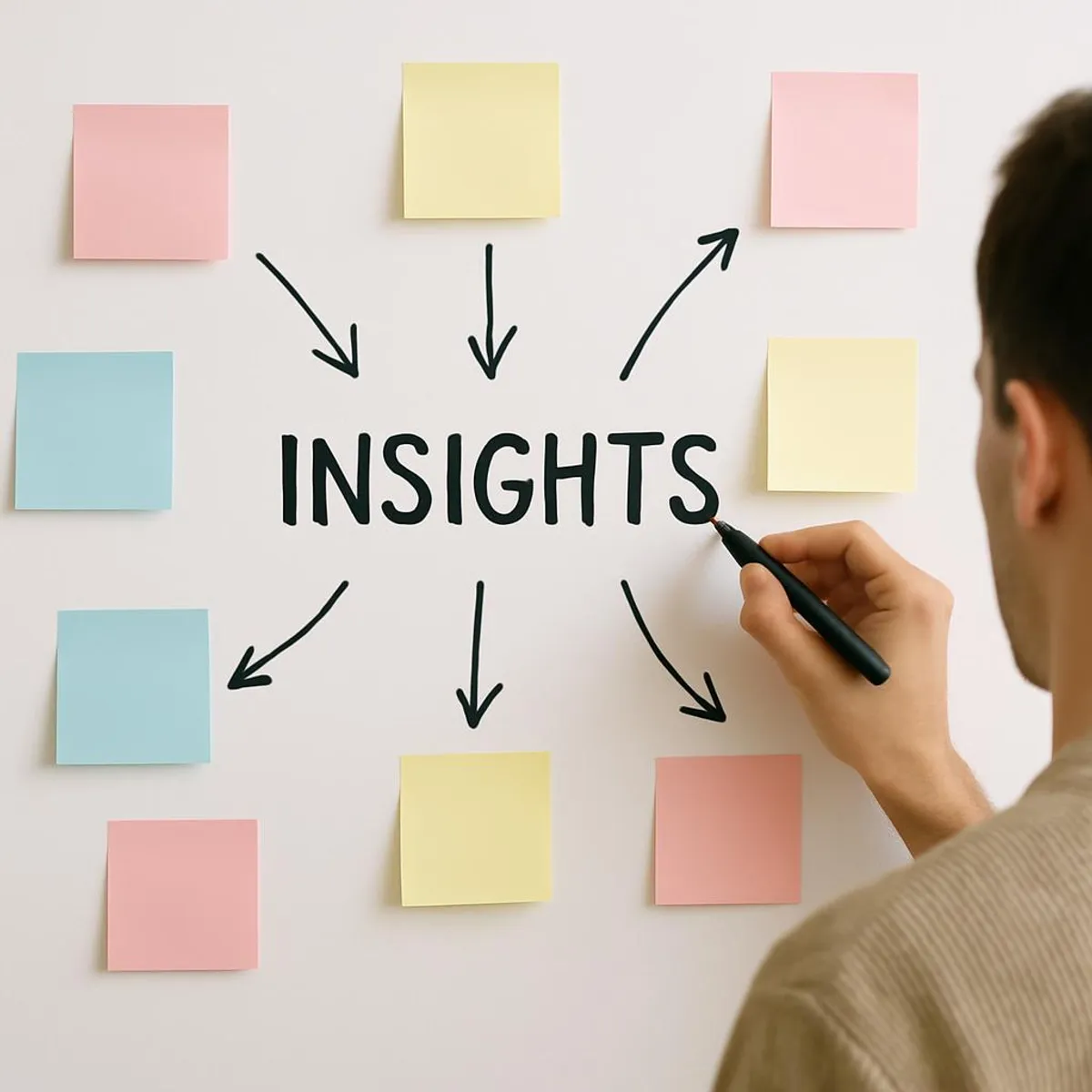 A person drawing insights on a whiteboard with sticky notes and arrows