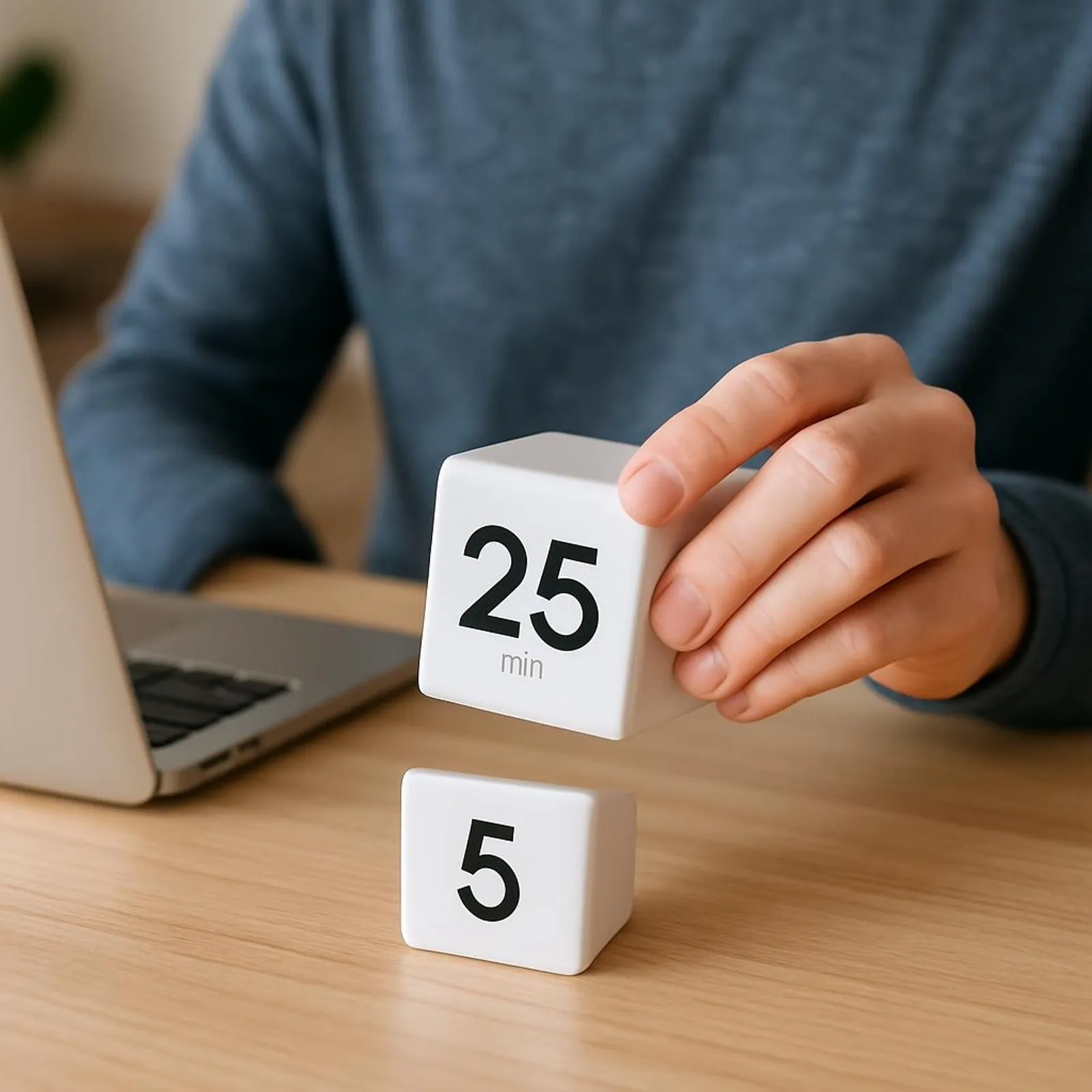 A person flipping a cube timer to start a short work block.