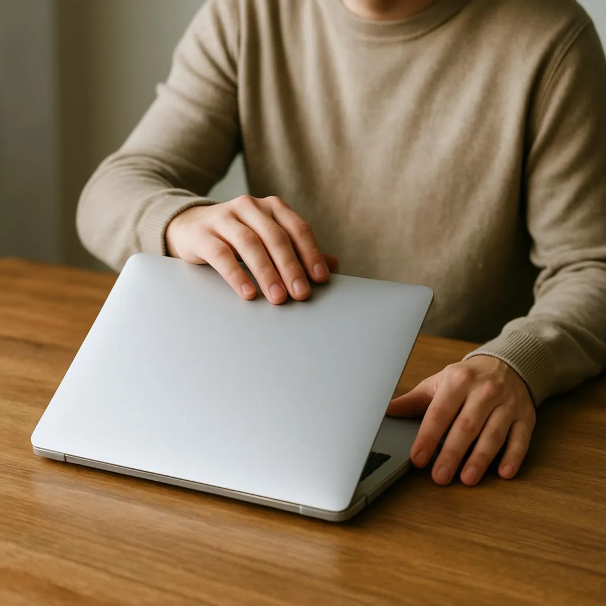 A person gently closing a laptop with a sense of completion