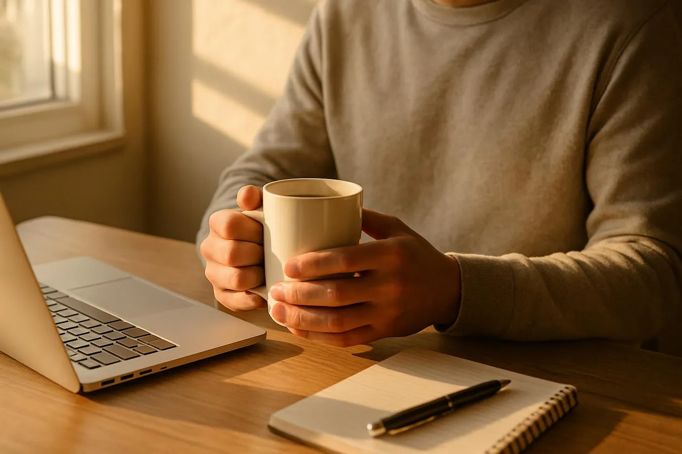 A person holding a coffee mug at a desk in the afternoon light.
