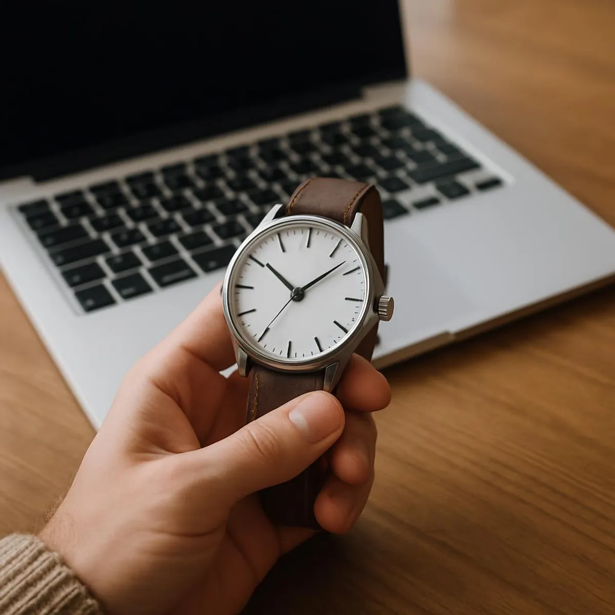 A person holding a wristwatch near a laptop, symbolizing time awareness and productivity