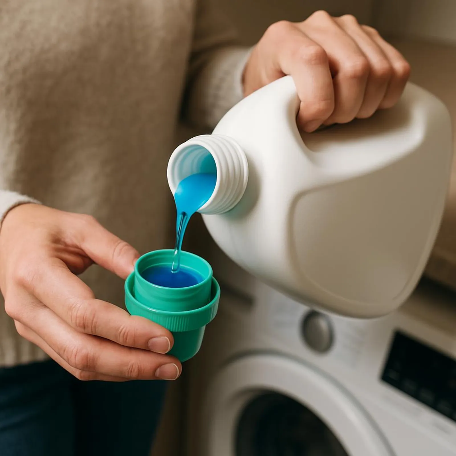 A person measuring detergent concentrate into a tiny cap to save on cost per load.