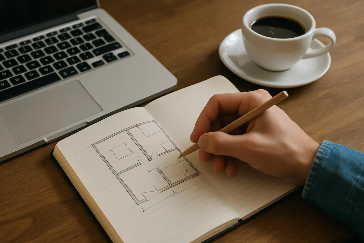 A person sketching a plan in a notebook next to a laptop and coffee