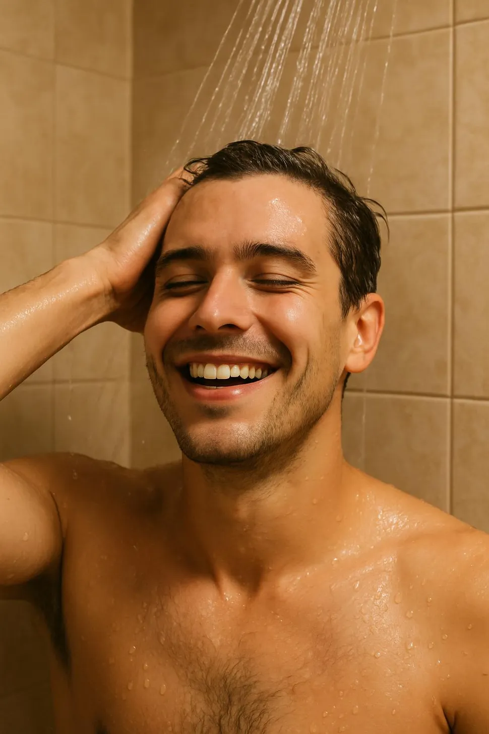 A person smiling under a warm shower stream