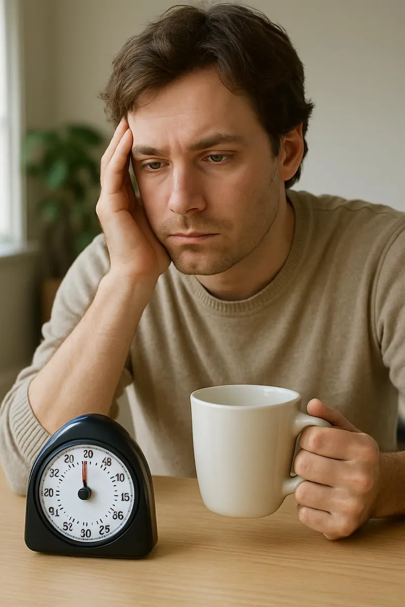 A person staring at a timer with a coffee mug, procrastinating productively