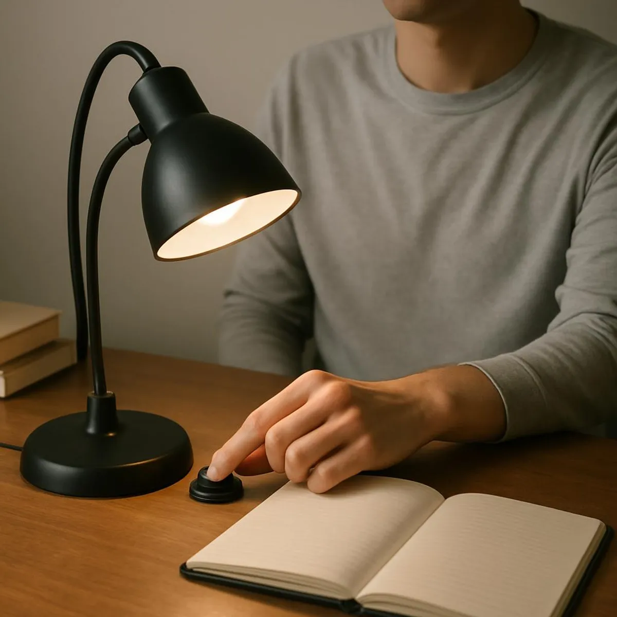 A person switching off a desk lamp with a calm, finished feeling