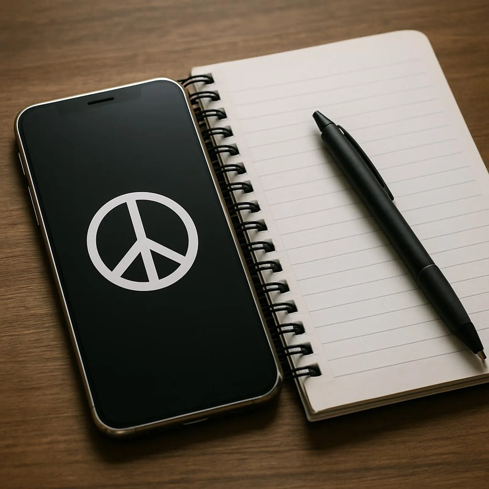 A phone face down next to a notebook and pen, signaling peace from notifications.