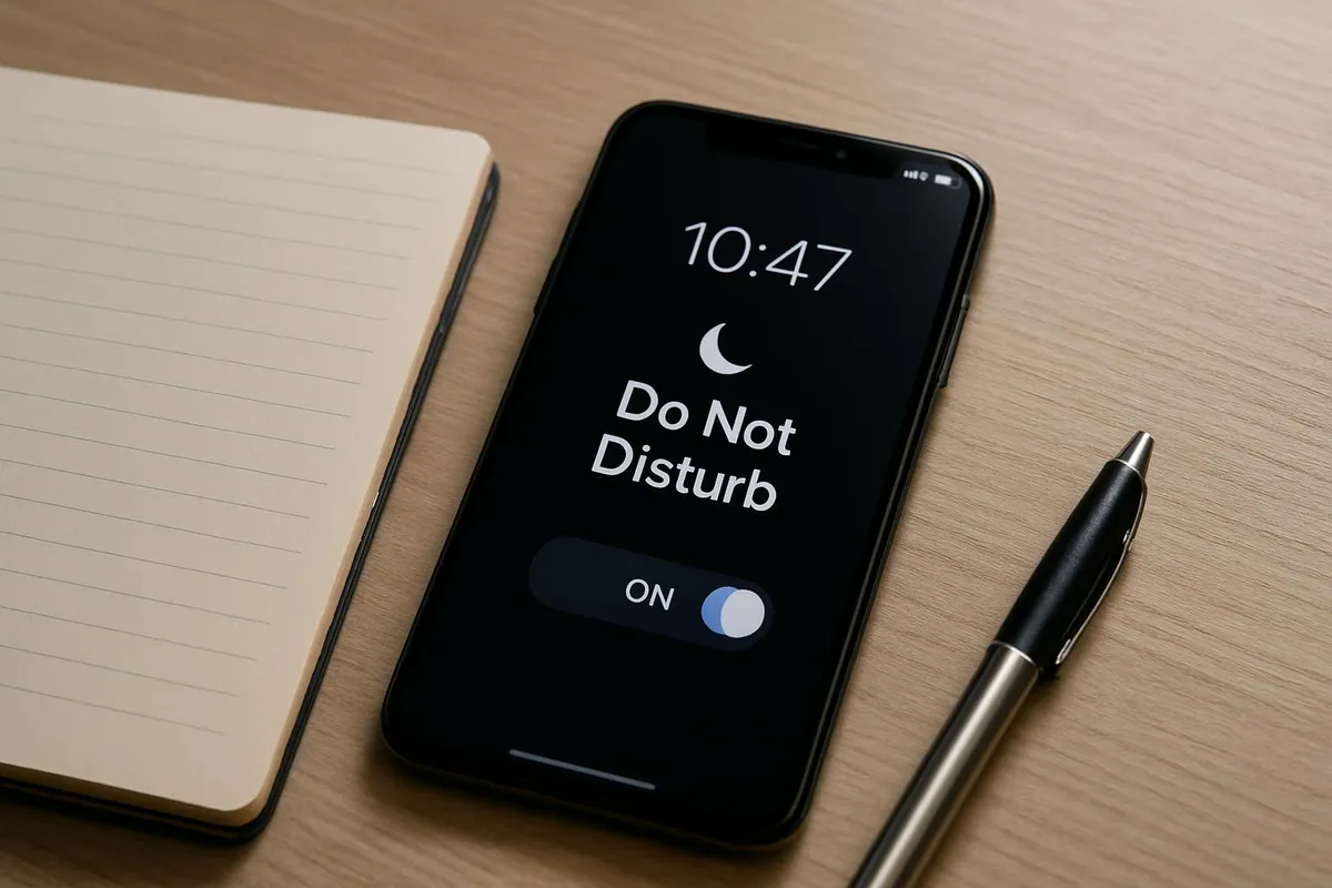 A phone on a desk showing a Do Not Disturb mode, next to a notebook and pen
