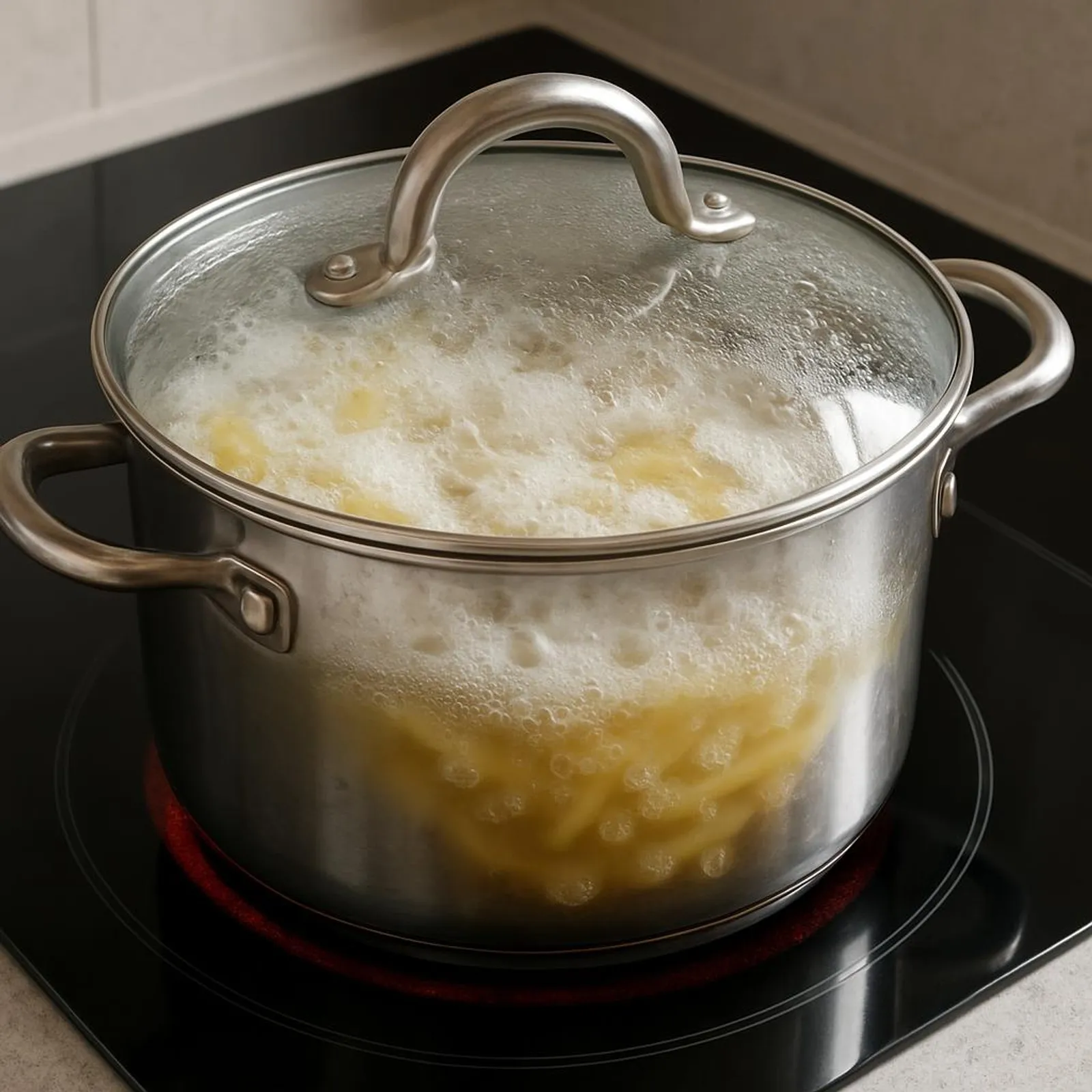 A pot of pasta boiling on a glass cooktop with lid