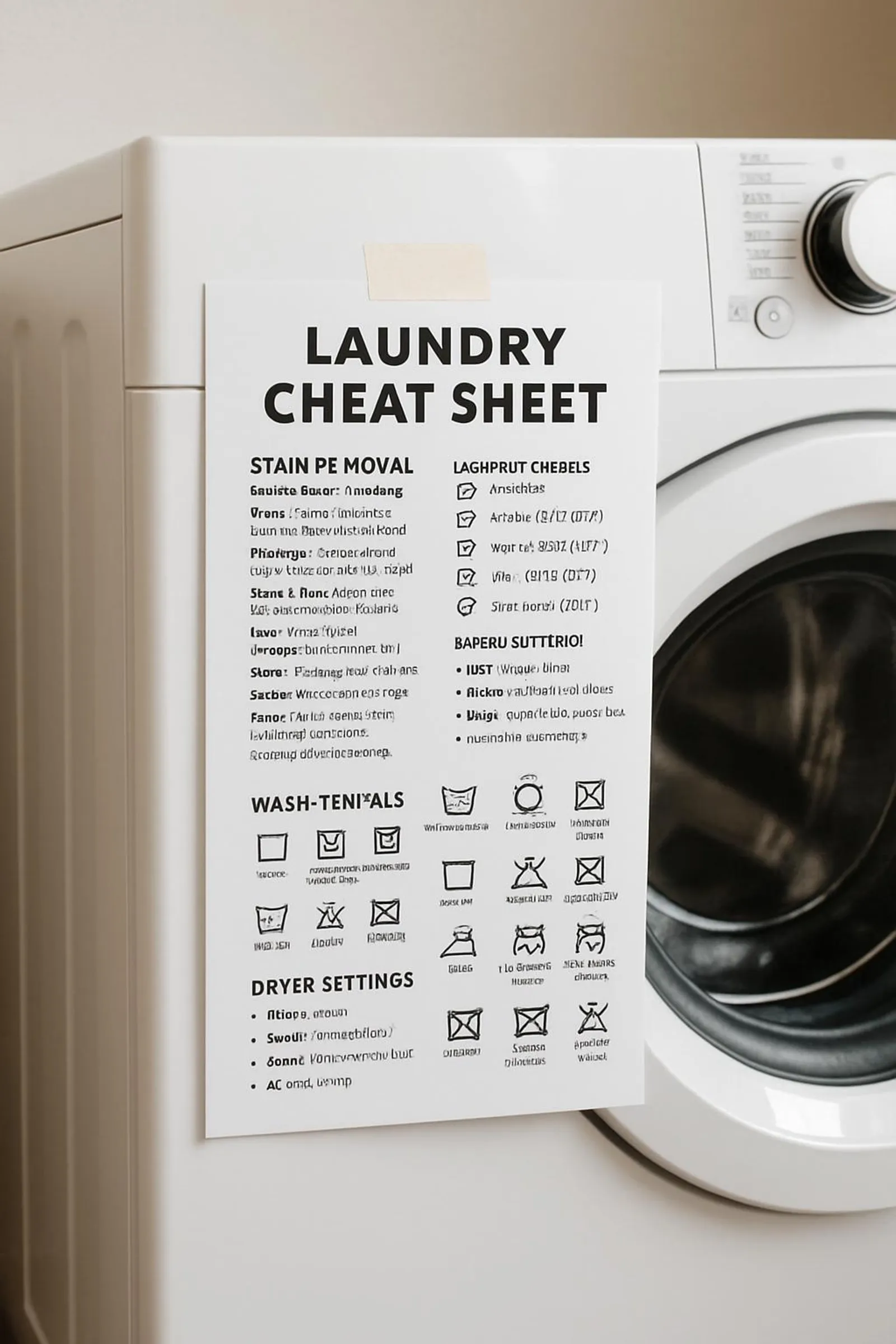 A printable laundry cheatsheet taped to the side of a washer.