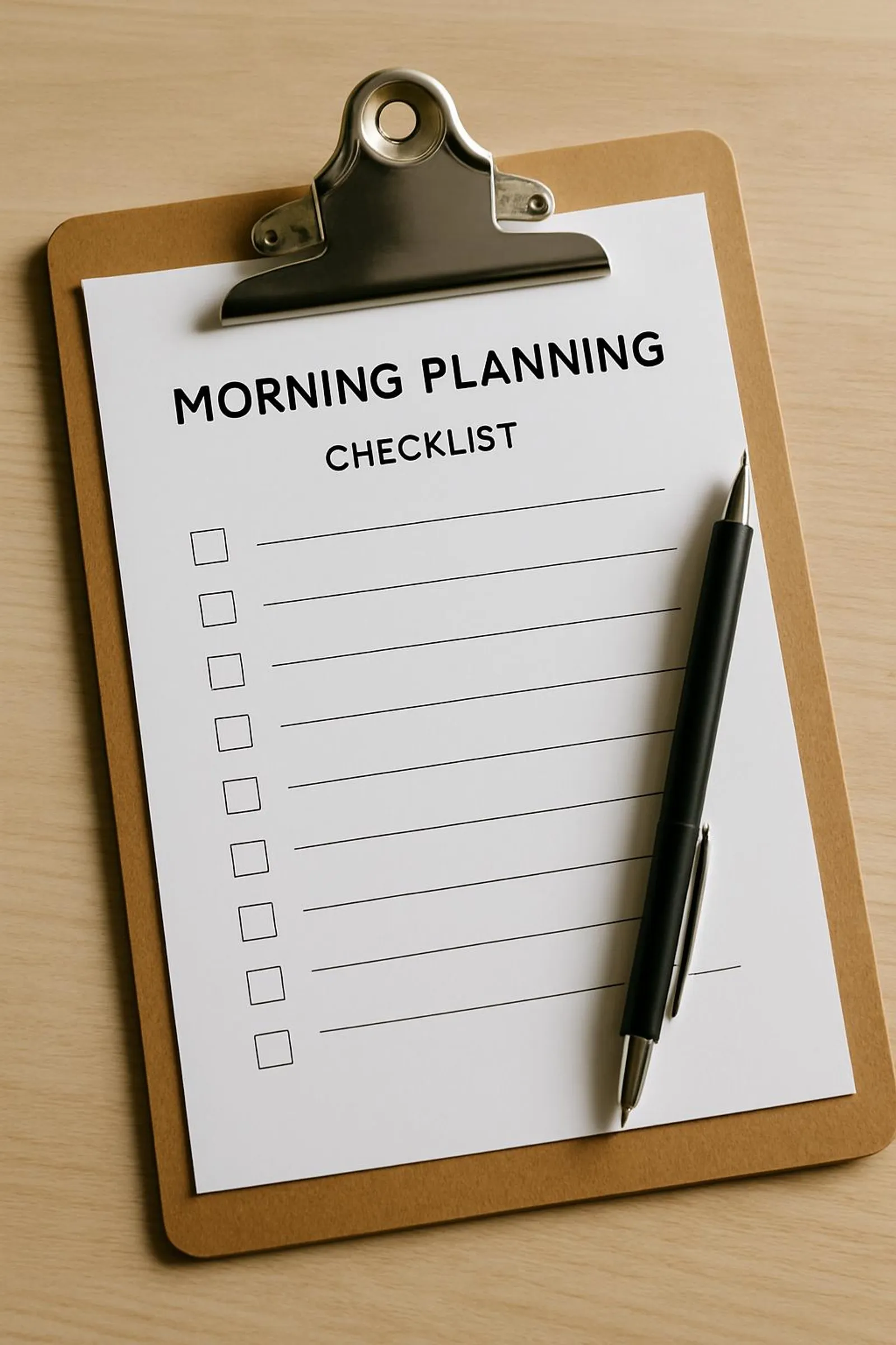 A printed checklist clipped on a clipboard with a pen for morning planning.