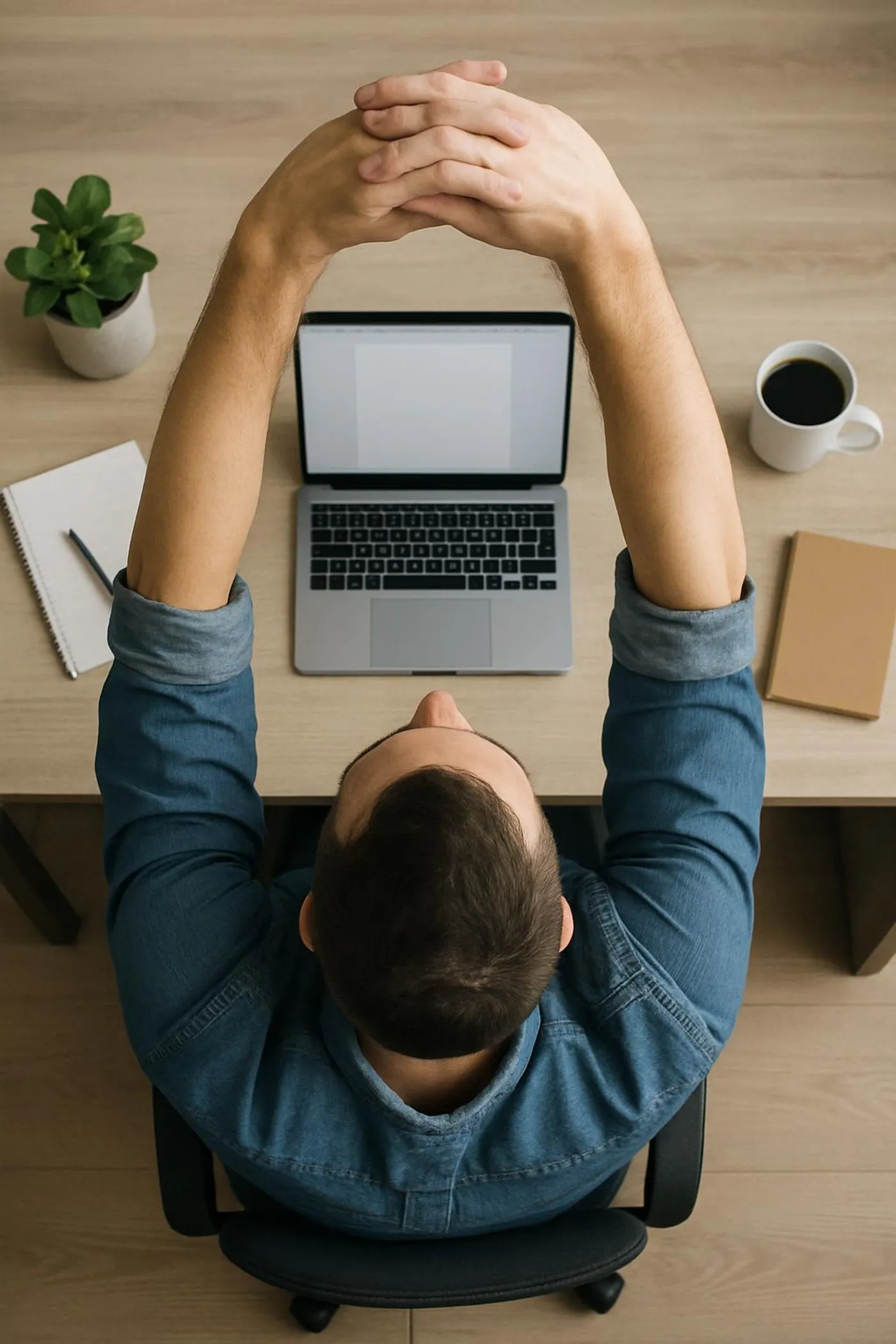 A quick overhead desk stretch—hands clasped, spine tall, focus rebooted.
