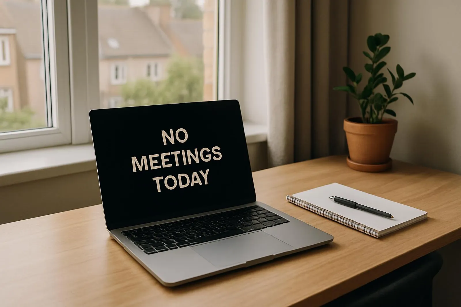 A quiet workspace by a window with a laptop and notepad, no meetings in sight
